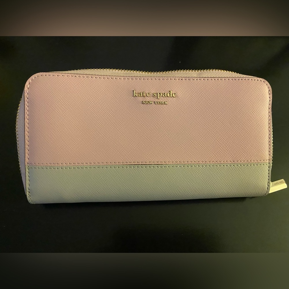 Large pink & grey Kate Spade leather zip wallet. Original logo.